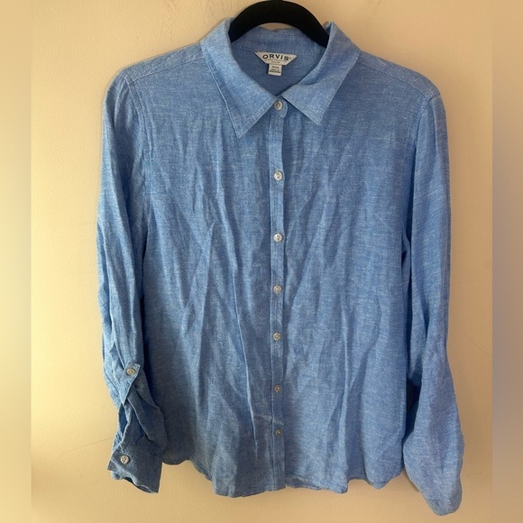 Orvis Womens Linen Blend Long Sleeve Button Down Collared Shirt Blue Sz Small - Picture 1 of 7